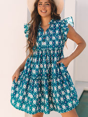 Blo Retro Blummenprint Split-Neck Rüschen Kuerzärmelkleed - Damesmode Afbeelding 1 - Miniatuur