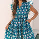 Blauw Retro Bloemenprint with met Split Neck with met Ruchess with met Korte Mouwens Jurk