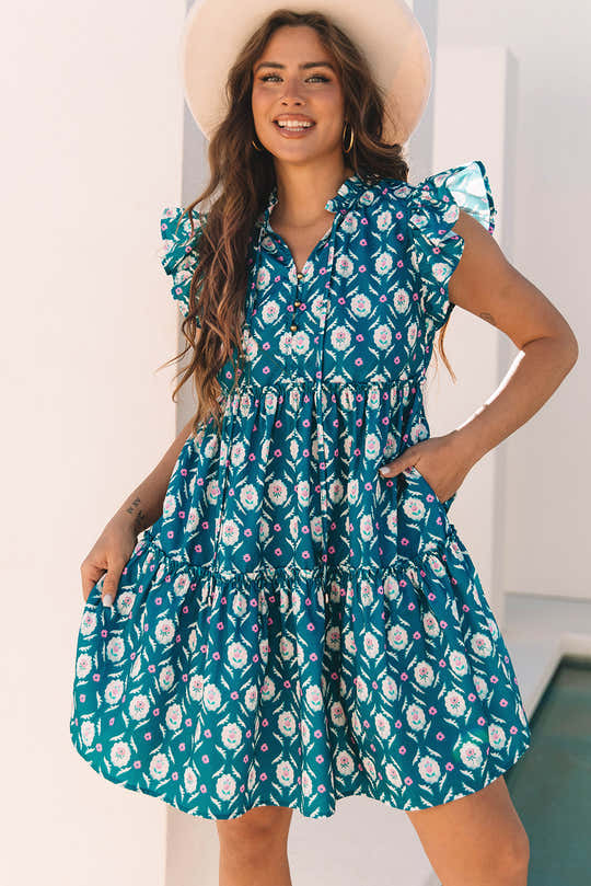 Blo Retro Blummenprint Split-Neck Rüschen Kuerzärmelkleed - Damesmode Afbeelding 1