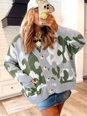 Cardigan delantero de botón en V con escote en el cuello camuflaje verde - Miniatuur