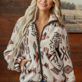 Beige Geometric Print Long Sleeve Shirt Collar Zip-up Placket Binding Tape Jacket - Damesmode Afbeelding 3 - Foto 3
