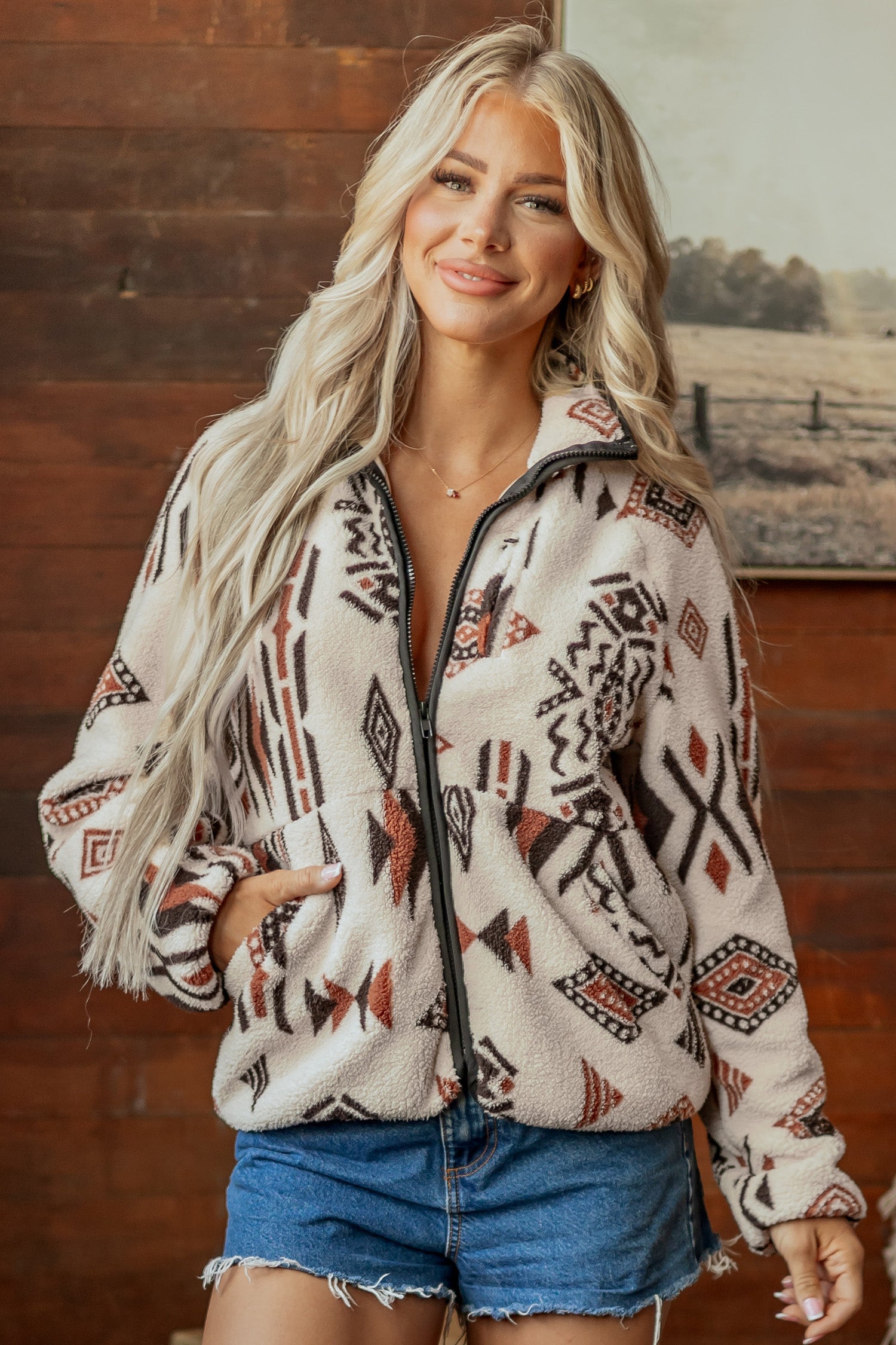 Beige Geometric Print Long Sleeve Shirt Collar Zip-up Placket Binding Tape Jacket - Damesmode Afbeelding 3