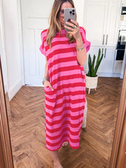 Orange Stripe Cuffed Short Sleeve Pocketed Casual T Shirt Long Dress - Miniatuur