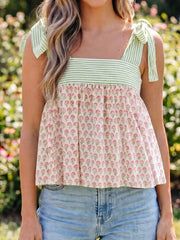 Camiseta de tirantes de nudo con estampado floral verde Babydoll - Miniatuur