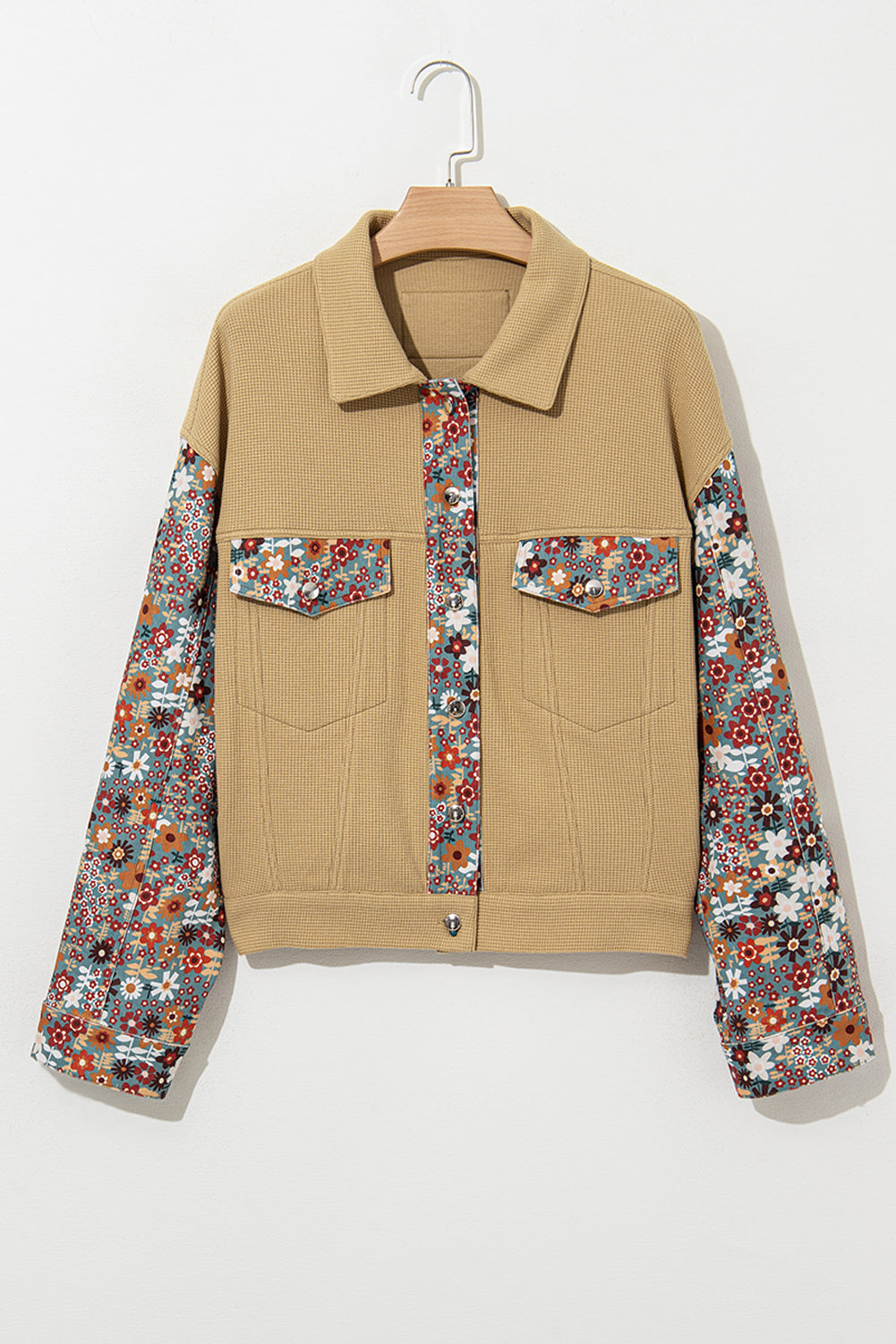 Khaki-Waffel-Strick-Patchwork-Jacke mit Knopfen