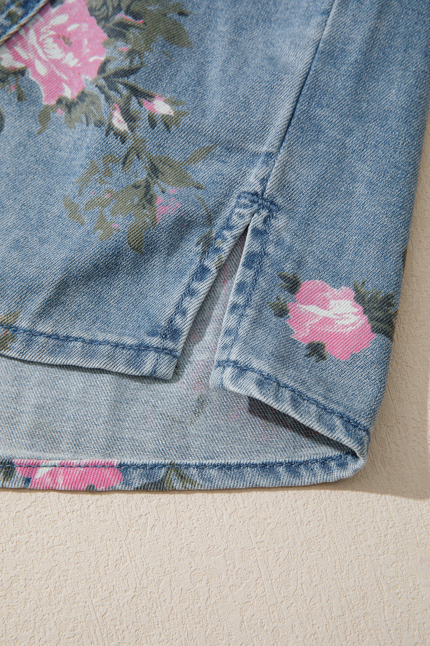 Blue Bracelet Sleeve Floral Denim Shirt - Women's Fashion Image 5