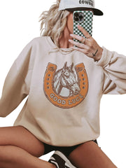 Beige GOOD LUCK Western Horse Print Oversized Pullover Sweatshirt - Damesmode Afbeelding 5 - Miniatuur
