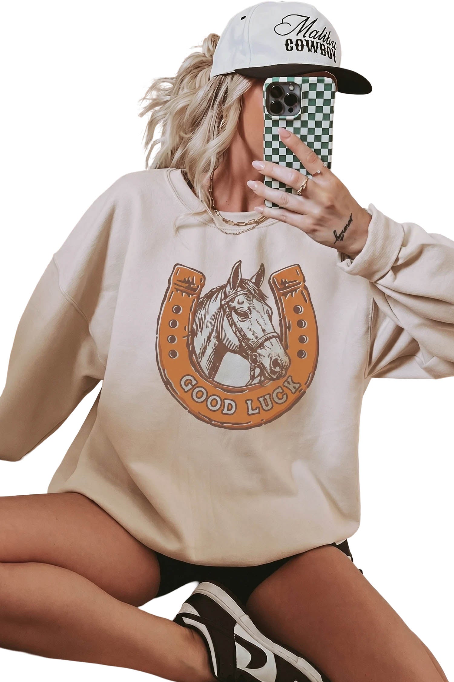 Beige GOOD LUCK Western Horse Print Oversized Pullover Sweatshirt - Damesmode Afbeelding 5