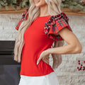 Black Plaid Pearl Ruffle Short Sleeve Loose T Shirt - Damesmode Afbeelding 6 - Foto 6