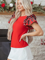 Black Plaid Pearl Ruffle Short Sleeve Loose T Shirt - Damesmode Afbeelding 6 - Miniatuur