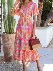 Multicolour Paisley Print V-Neck Short Sleeve Boho Maxi Dress with Ruffle Details - Miniatuur