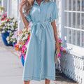 Sail Blue Full Buttons Collared Short Bubble Sleeve Long Denim Dress - Foto 4