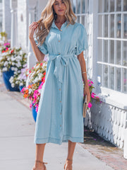 Vestido vaquero largo de manga burbuja con botones largos con botones de vela azul - Miniatuur