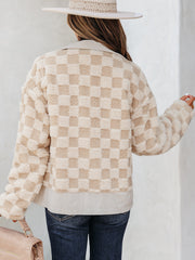 Khaki Checker Sherpa Corduroy Patchwork Lynlåsjakke med krave - Miniatuur