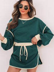 Schwarzer Farbkontrast lockerer Pullover und geschnürter Taillen-Skort-Set – Damesmode Afbeelding 7 - Miniatuur