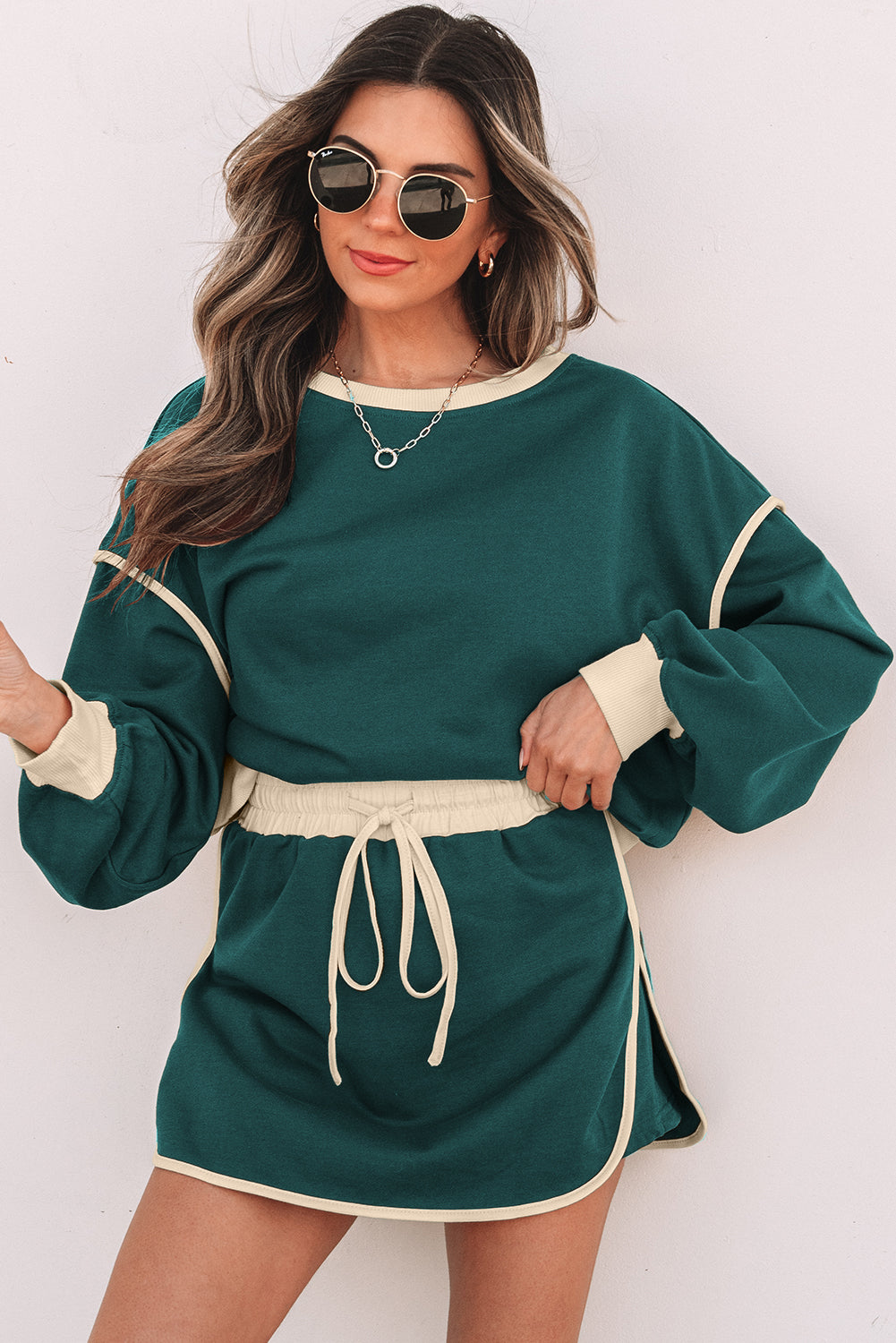 Schwarzer Farbkontrast lockerer Pullover und geschnürter Taillen-Skort-Set – Damesmode Afbeelding 7