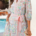 Robe mini à demi-ceinture à demi-boutonné à bordure florale bohème bohème à motif floral rose - Foto 1