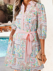 Pink Boho Floral Print Color Block Trim Half Button Belted Mini Dress - Miniatuur