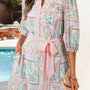 Pink Boho Floral Print Color Block Trim Half Button Belted Mini Dress