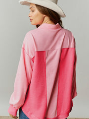Peach Blossom Two Tone Contrast Waffle Knit Buttoned Loose Shacket - Miniatuur