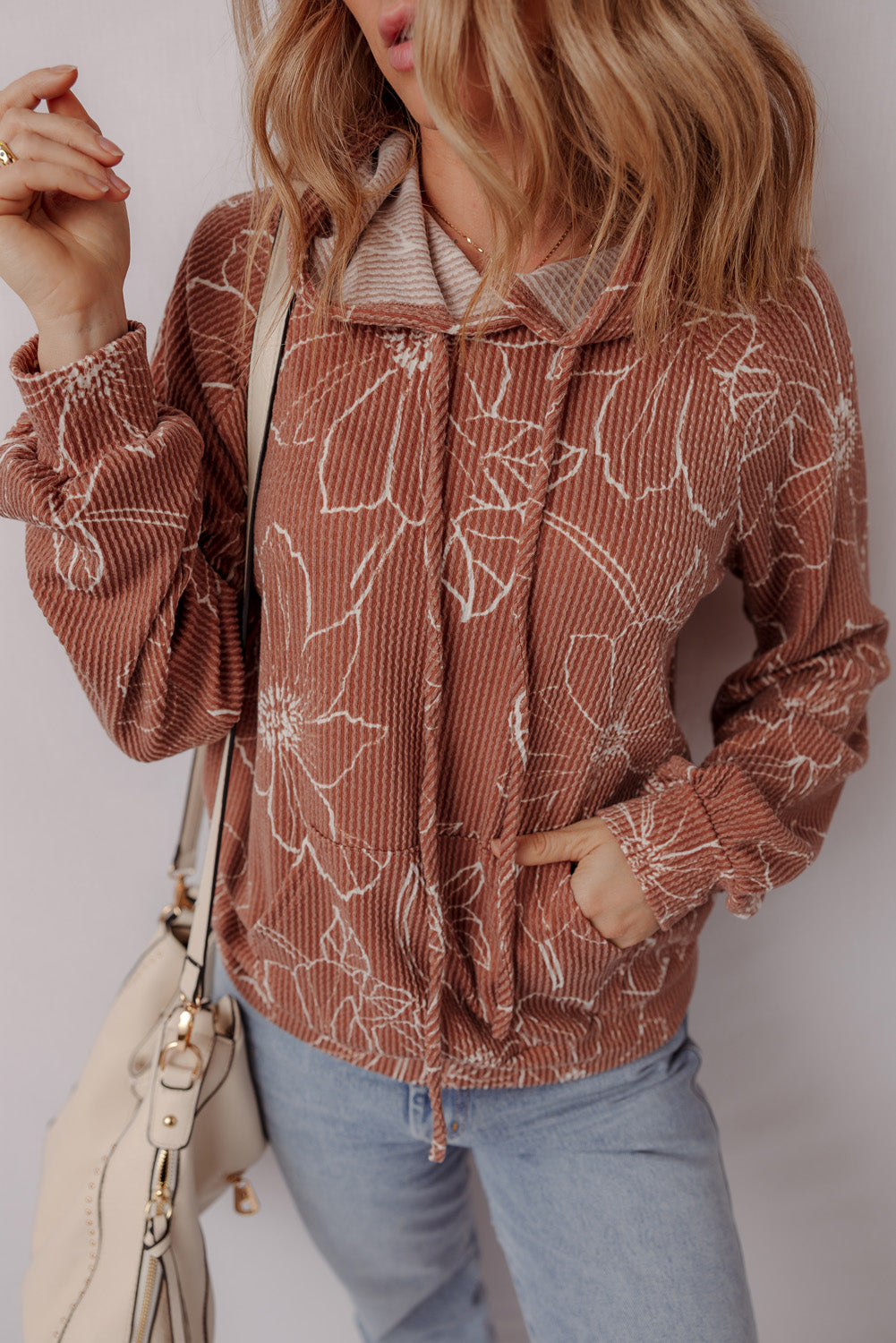 Brown Floral Twisted Rib Drawstring Kangaroo Pocket Hoodie - Damesmode Afbeelding 4