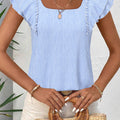 Sky Blue Stripe Square Neck Bow Decor Frilly Ruffled Short Sleeve Blouse - Foto 2