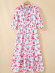 Red Elegant Floral Puff Sleeve Midi Dress - Miniatuur