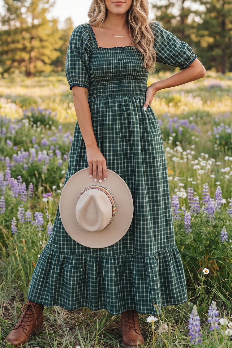 Green Plaid Square Neck Shirred High Waist Ruffle Hem Dress - Damesmode