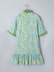 Sky Blue Botanical Floral Print Frilled Trim V Neck Button Front Loose Dress - Miniatuur
