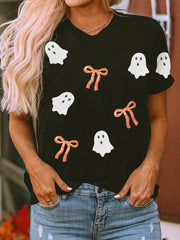 Black Sequin Bow Ghost Patched Halloween Graphic Tee - Damesmode Afbeelding 1 - Miniatuur