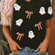 Zwart Pailletten Bow Geescht Patched Halloween Graphic T-Overhemd