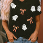 Zwart Pailletten Bow Ghost Patched Halloween Graphic Tee