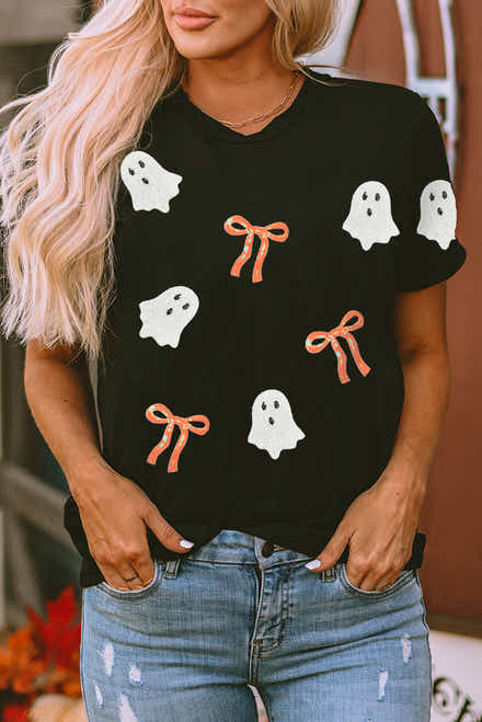 Black Sequin Bow Ghost Patched Halloween Graphic Tee - Damesmode Afbeelding 1
