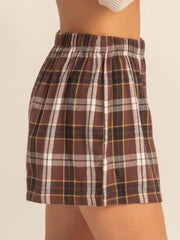 Brown Plaid Button Front Elastic Waist Shorts - Women's Fashion Image 4 - Miniatuur