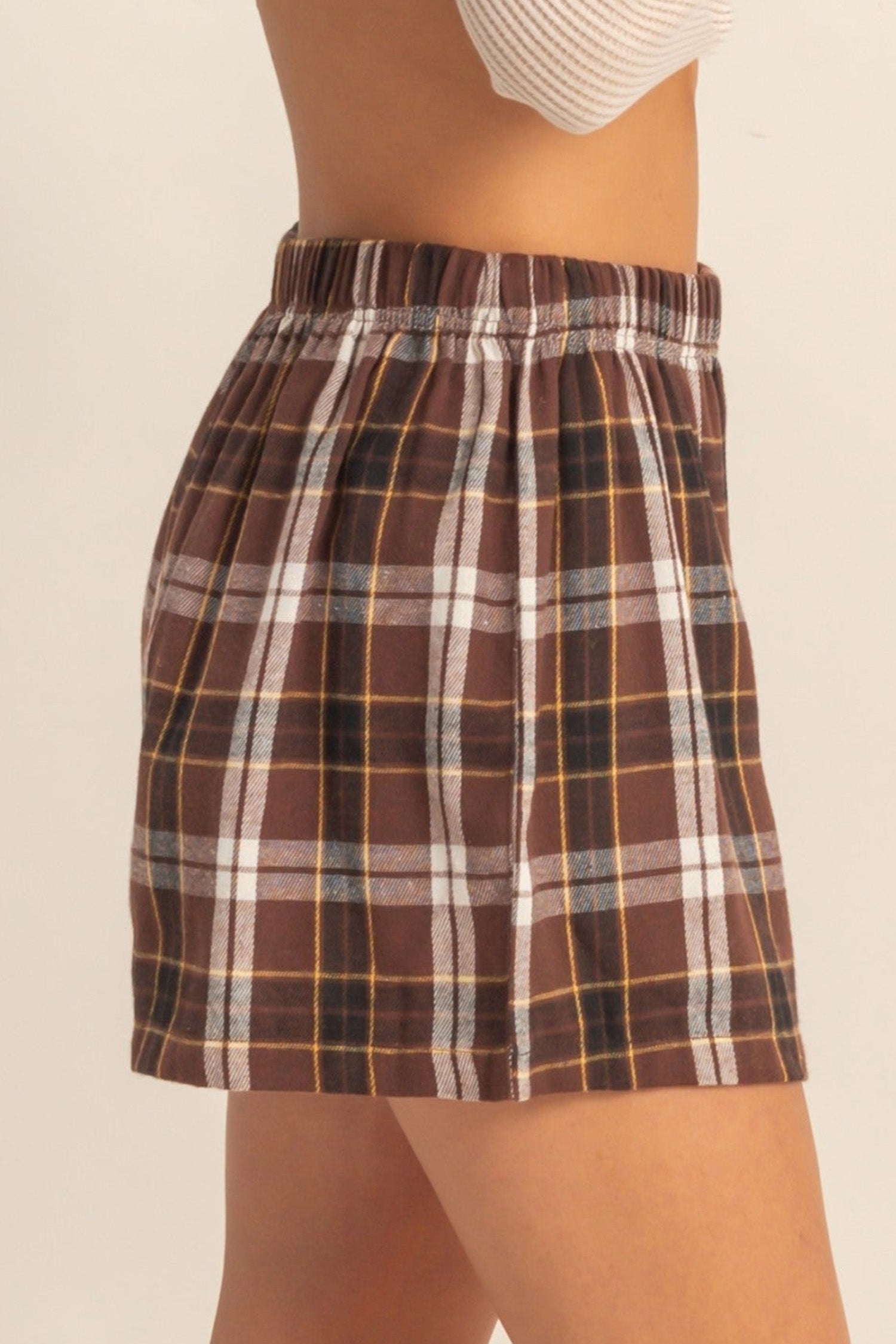 Brown Plaid Button Front Elastic Waist Shorts - Damesmode Afbeelding 4