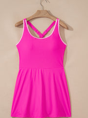 Rose Red Contrast Trim Neckline Active Shorts Attached One Piece Swim Dress - Miniatuur