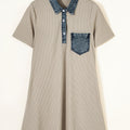 Beige Short Sleeve Ribbed Knit Denim Patchwork Polo Collar Dress - Damesmode Afbeelding 5 - Foto 5