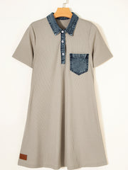 Beige kortærmet rib denim patchwork polokravekjole - Damesmode afbeelding 5 - Miniatuur