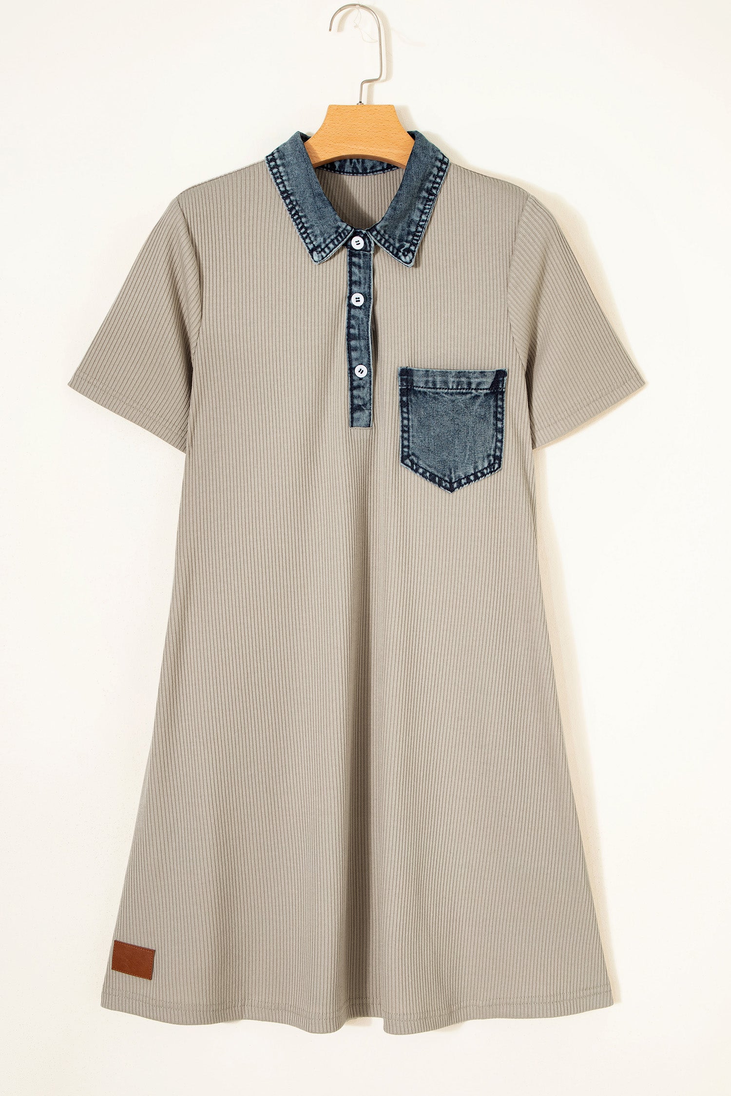 Beige Short Sleeve Ribbed Knit Denim Patchwork Polo Collar Dress - Damesmode Afbeelding 5