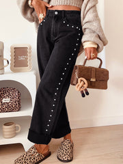 Vaqueros casuales holgados de pierna recta con detalles negros - Imagen de moda femenina 1 - Miniatuur