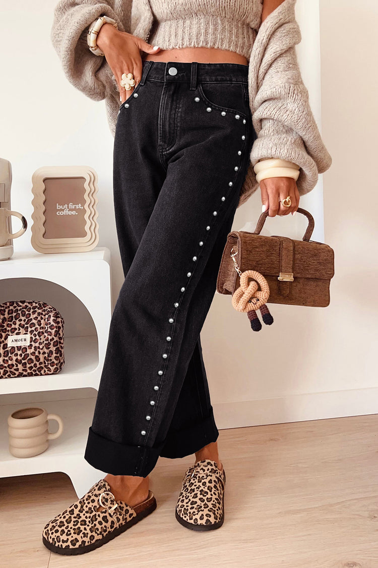 Black Studded Detail Straight Leg Casual Loose Jeans - Damesmode Afbeelding 1 - Damesmode