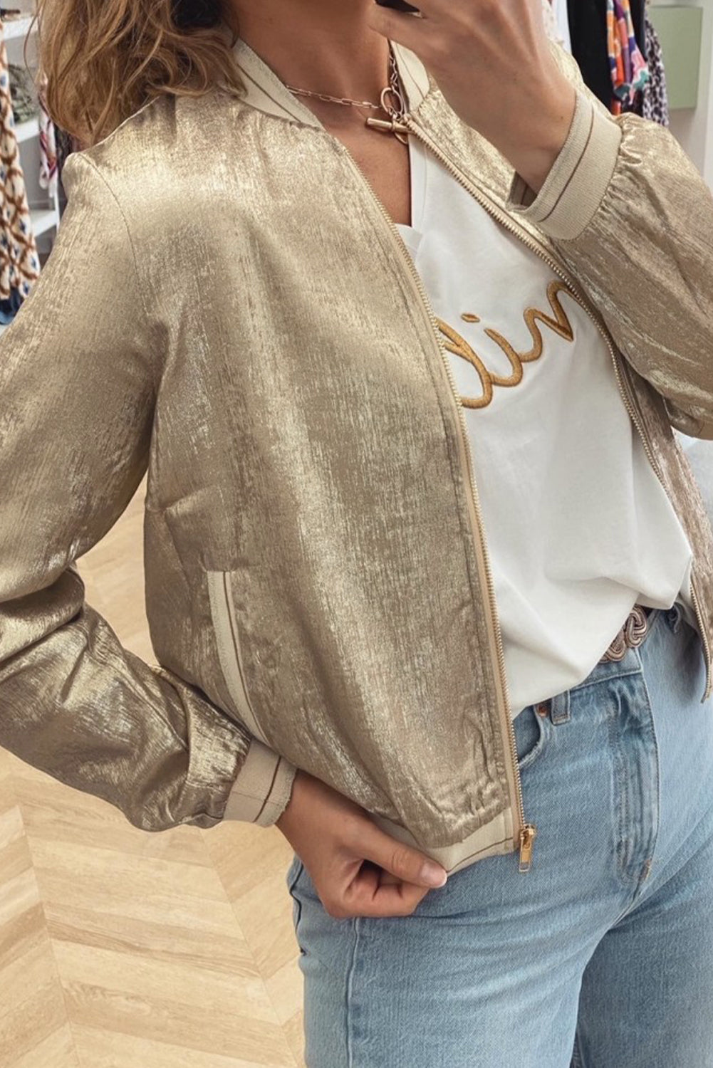 Pale Khaki Metallic Baseballjacke mit Reißverschluss