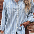 Himmelblauer gestreifter Freund Brusttasche Klassischer Denim Shacket - Foto 1