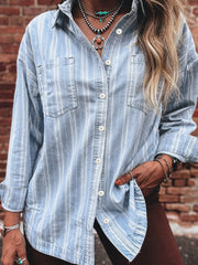 Tasca sul petto a righe azzurro cielo Boyfriend Classic Denim Shacket - Miniatuur