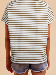 Khaki Stripe Leopard Patchwork Round Neck Loose T Shirt - Miniatuur