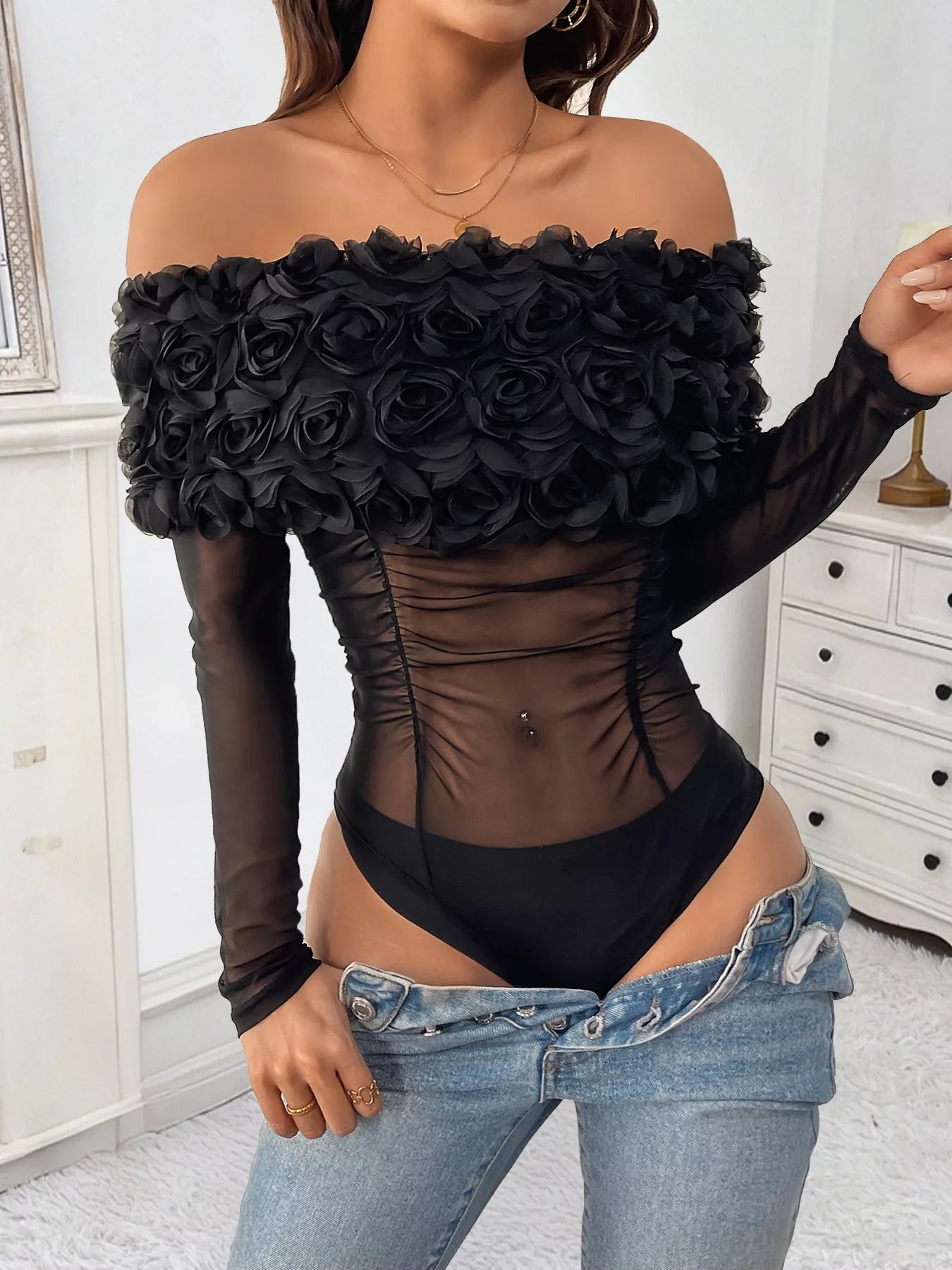 Flower Off-Shoulder Mesh Bodysuit - Exclusive Women Fashion & Apparel | Redblad Official