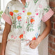 Beige Gebloemde Gestreepte Patchwork met Ruchesd Collar met Korte Mouwen Overhemd