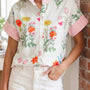 Beige Floral Striped Patchwork Ruffled Collar with Short Sleeves Shirt