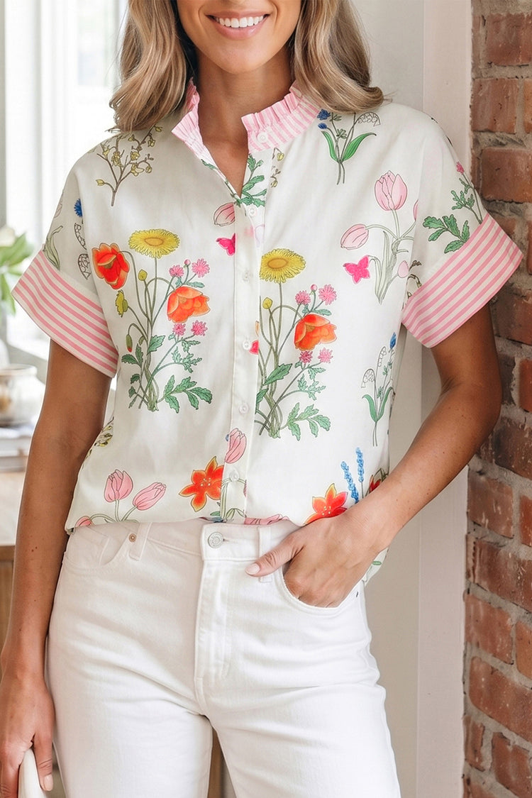 Beige Floral Striped Patchwork Ruffled Collar Short Sleeve Shirt - Damesmode Afbeelding 1 - Damesmode