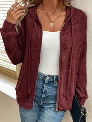 Red Dahlia Ribbed Zip Up Front Drawstring Hoodie - Miniatuur